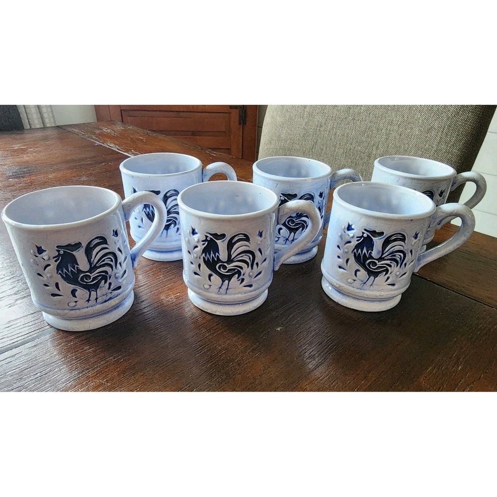 Geo Z. Lefton Sponge Rooster Vintage Farmhouse Coffee Tea Cups Set of 6 Blue